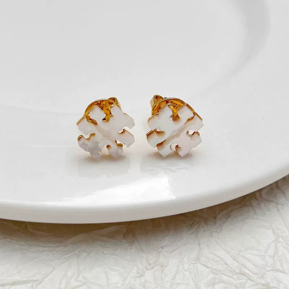 Tory Burch Natural Shell Inlaid Letter Earrings Aesthetic